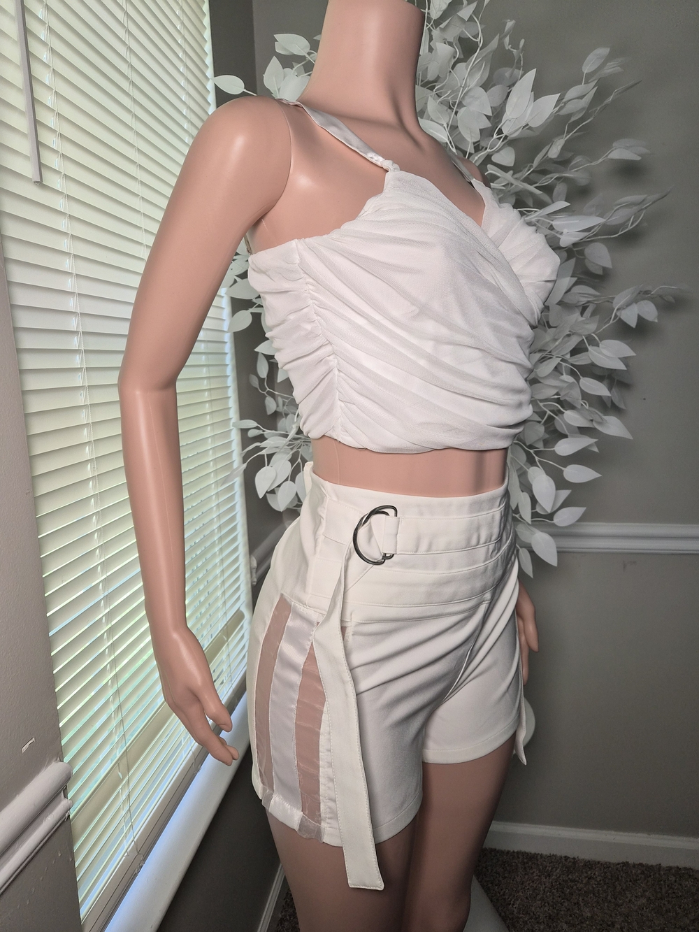 White Ruched Crop Tank & High-Waist Belted Shorts Set
